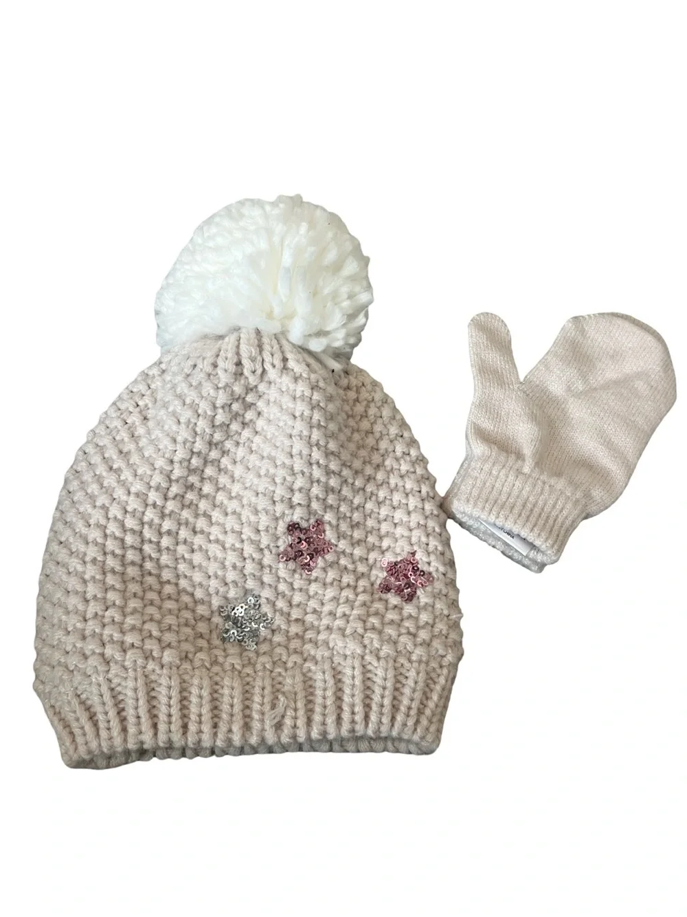 Nicole Miller Cream Knit Pom Hat with Sequin Star Accents w/ Glove Size: 2T-4T.